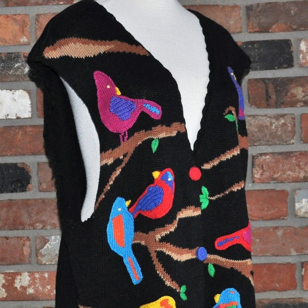 Vtg PBJ Sport BIRDS MultiColor Knit Button-Up Oversize Sweater Sleeveless Vest L - Picture 4 of 9